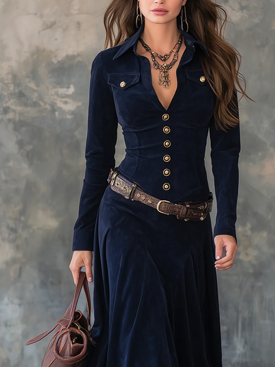 VESTIDO LARGO DE ANTE CON BOTONES Y ABERTURA JELISSA