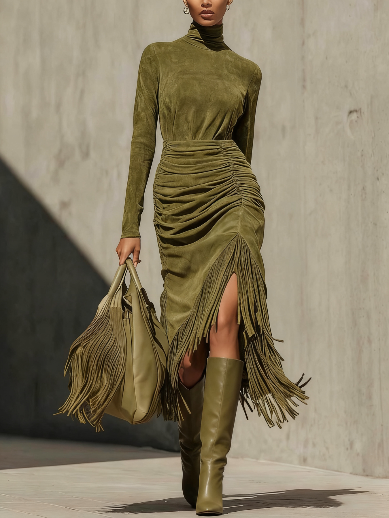 VESTIDO DE CUELLO ALTO CON FLECOS Y FRUNCIDO KESSIA