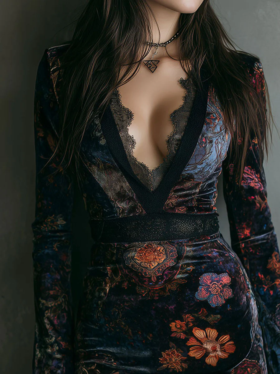 VESTIDO MINI DE VELVET SLIM FIT CON ENCAJE Y ESTAMPADO FLORAL SERENA