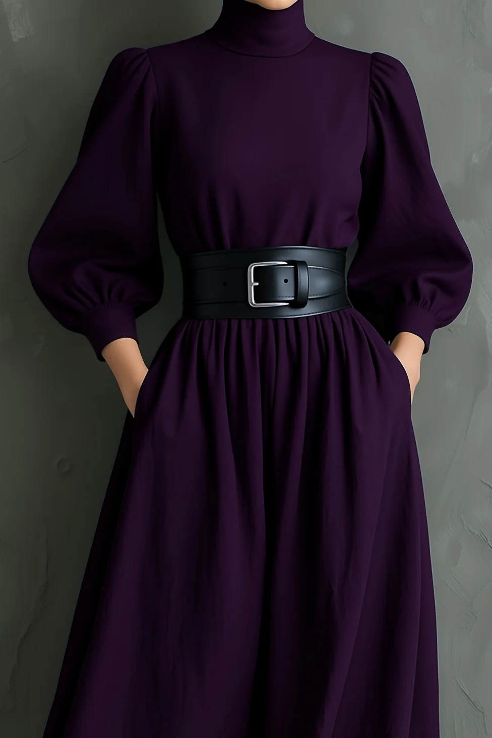 VESTIDO LARGO DE CUELLO ALTO CON CINTURÓN EN TONO VIOLETA OSCURO