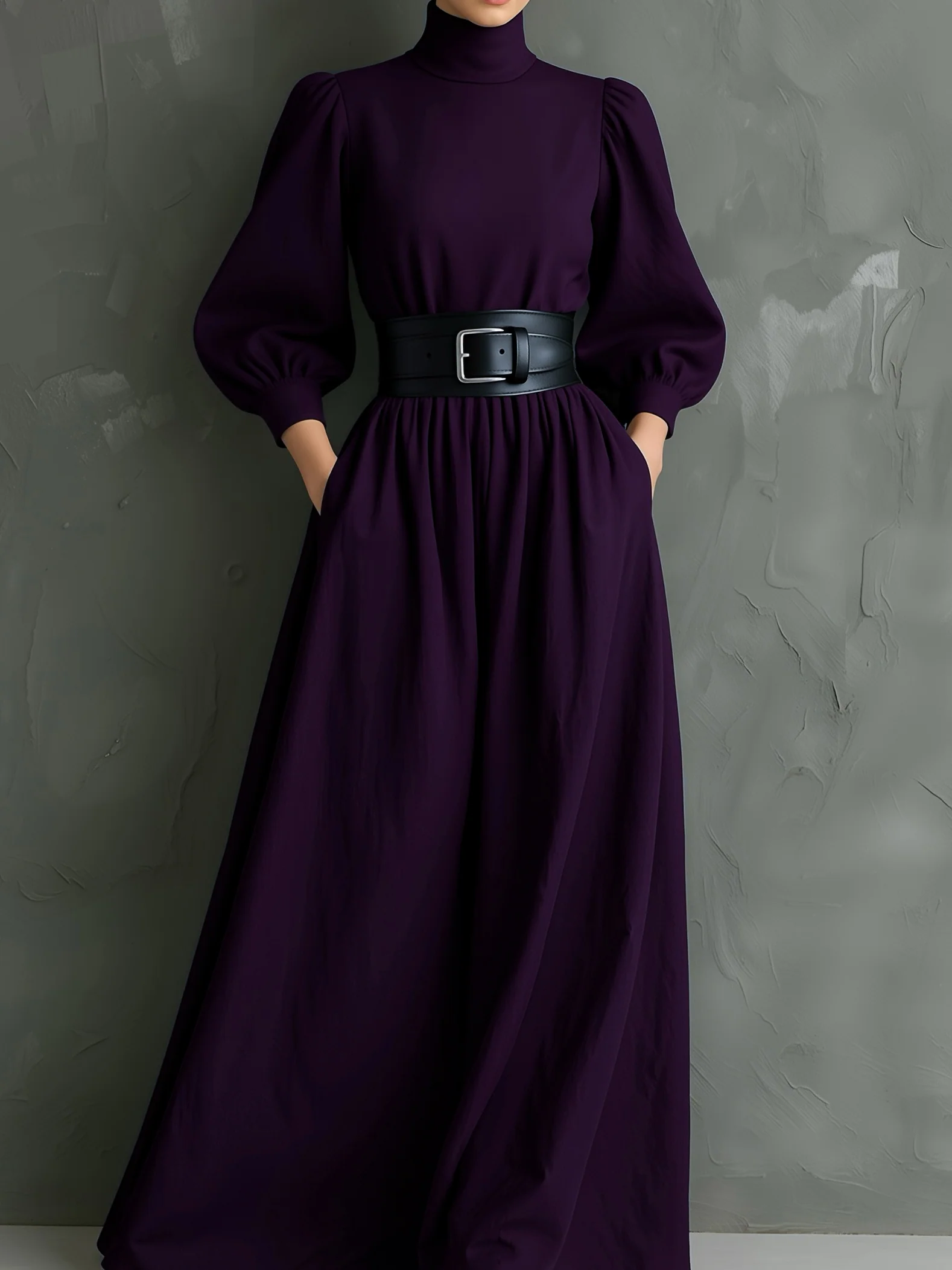 VESTIDO LARGO DE CUELLO ALTO CON CINTURÓN EN TONO VIOLETA OSCURO