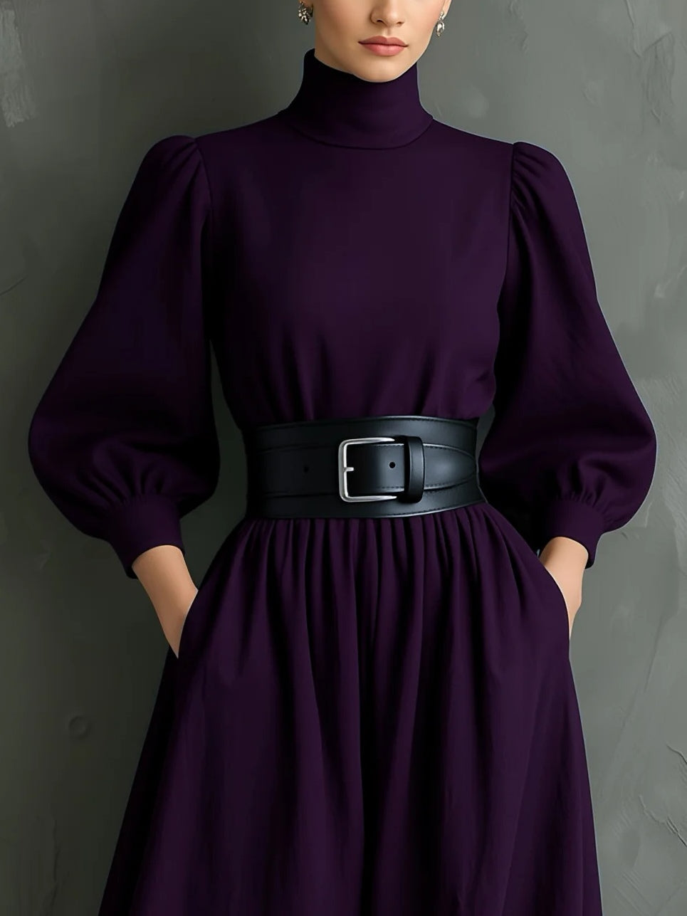 VESTIDO LARGO DE CUELLO ALTO CON CINTURÓN EN TONO VIOLETA OSCURO