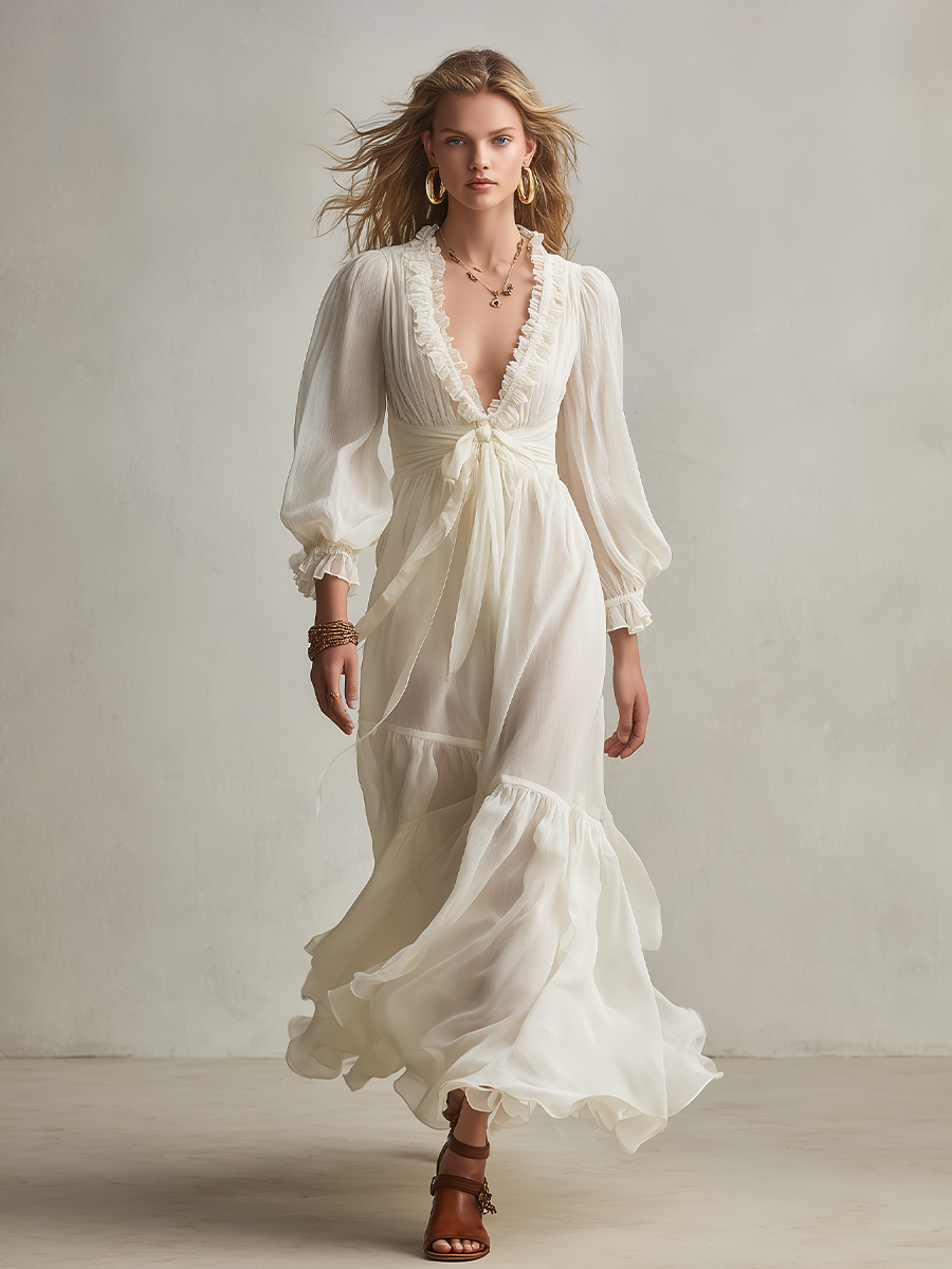 Women's Ivory Sheer Chiffon Dress With Ruffled V-Neck & Tie-Waist Detail, Timeless Romantic-Boho Style Dress MDA3135L9I