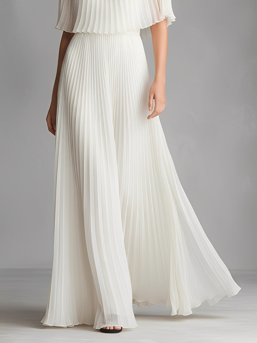 Women's Ivory Pleated Chiffon Maxi Dress With Cape Sleeves & Boat Neck, Timeless Luxe-Elegant Style Dress MDA3199L2I