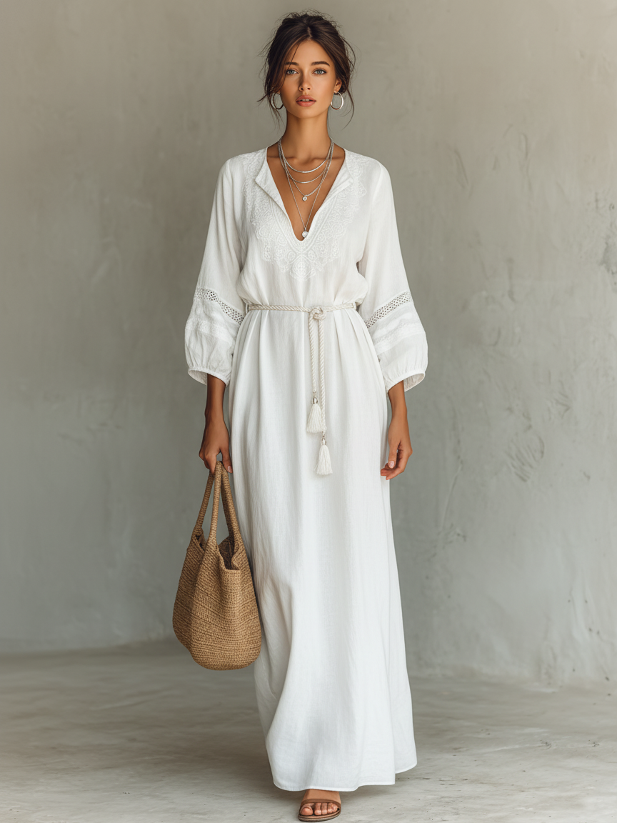 MARÍA | VESTIDO MAXI ELEGANTE DE ALGODÓN CON ENCAJE Y CINTURÓN