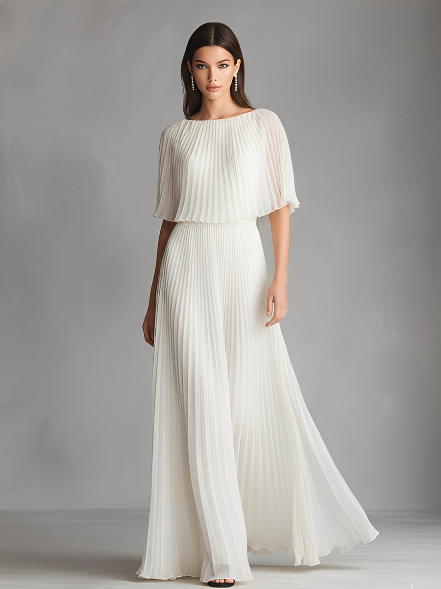 Women's Ivory Pleated Chiffon Maxi Dress With Cape Sleeves & Boat Neck, Timeless Luxe-Elegant Style Dress MDA3199L2I