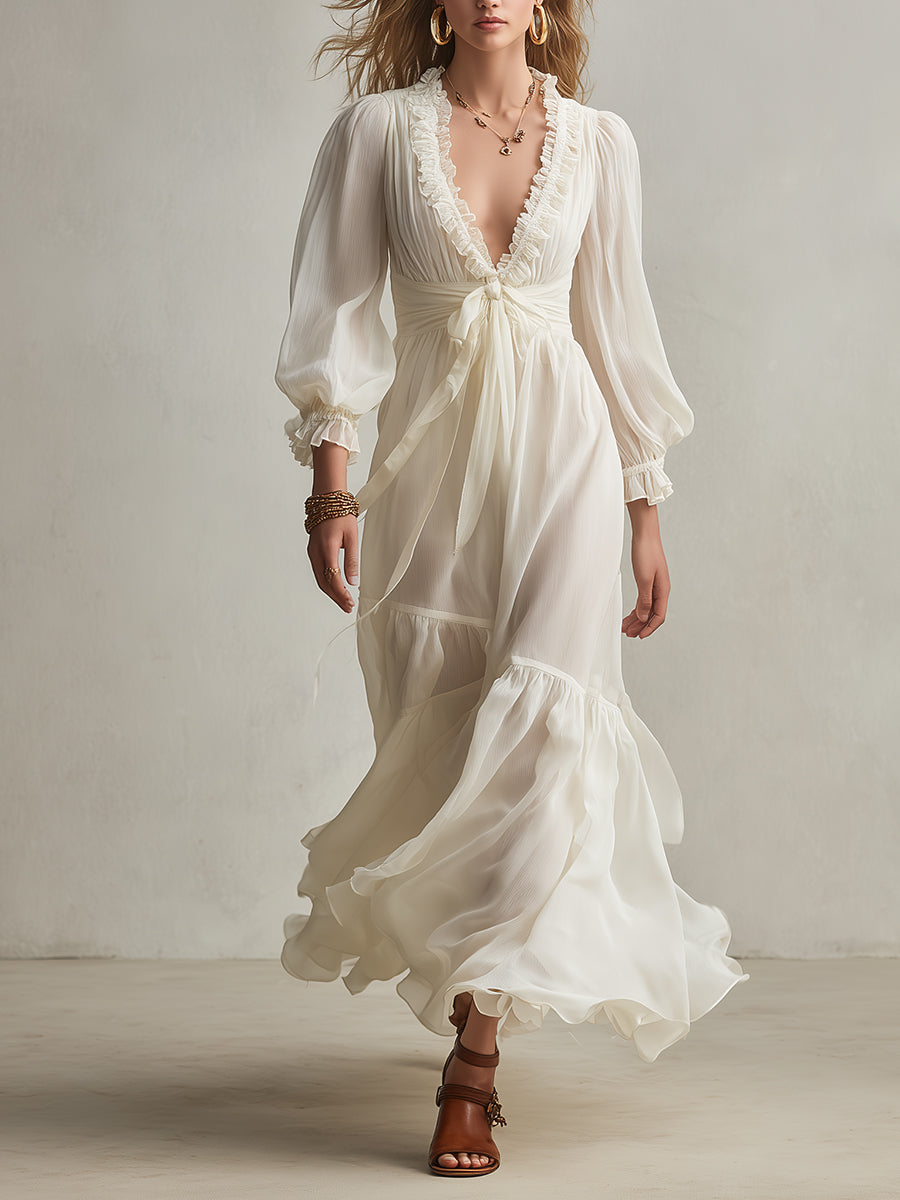 Women's Ivory Sheer Chiffon Dress With Ruffled V-Neck & Tie-Waist Detail, Timeless Romantic-Boho Style Dress MDA3135L9I