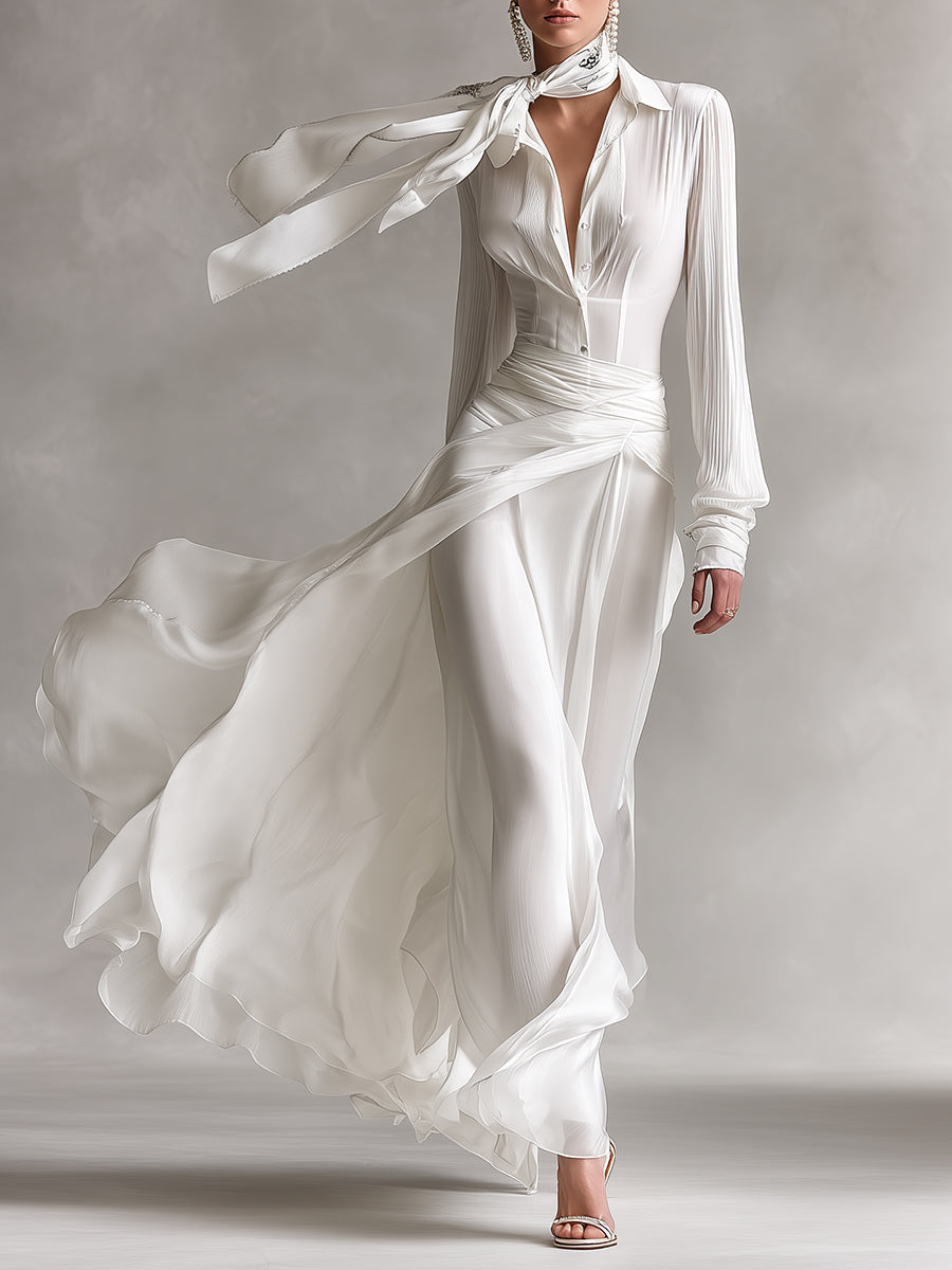 Women's Off-White Maxi Dress With Button-Front & Wrap Waist, Sophisticated Evening-Gala Style Dress MDA3173L6I