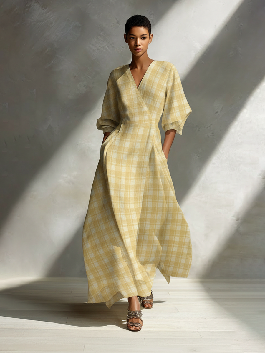 ISABELA | VESTIDO MAXI AMARILLO A CUADROS CON ESCOTE EN V Y MANGA 3/4