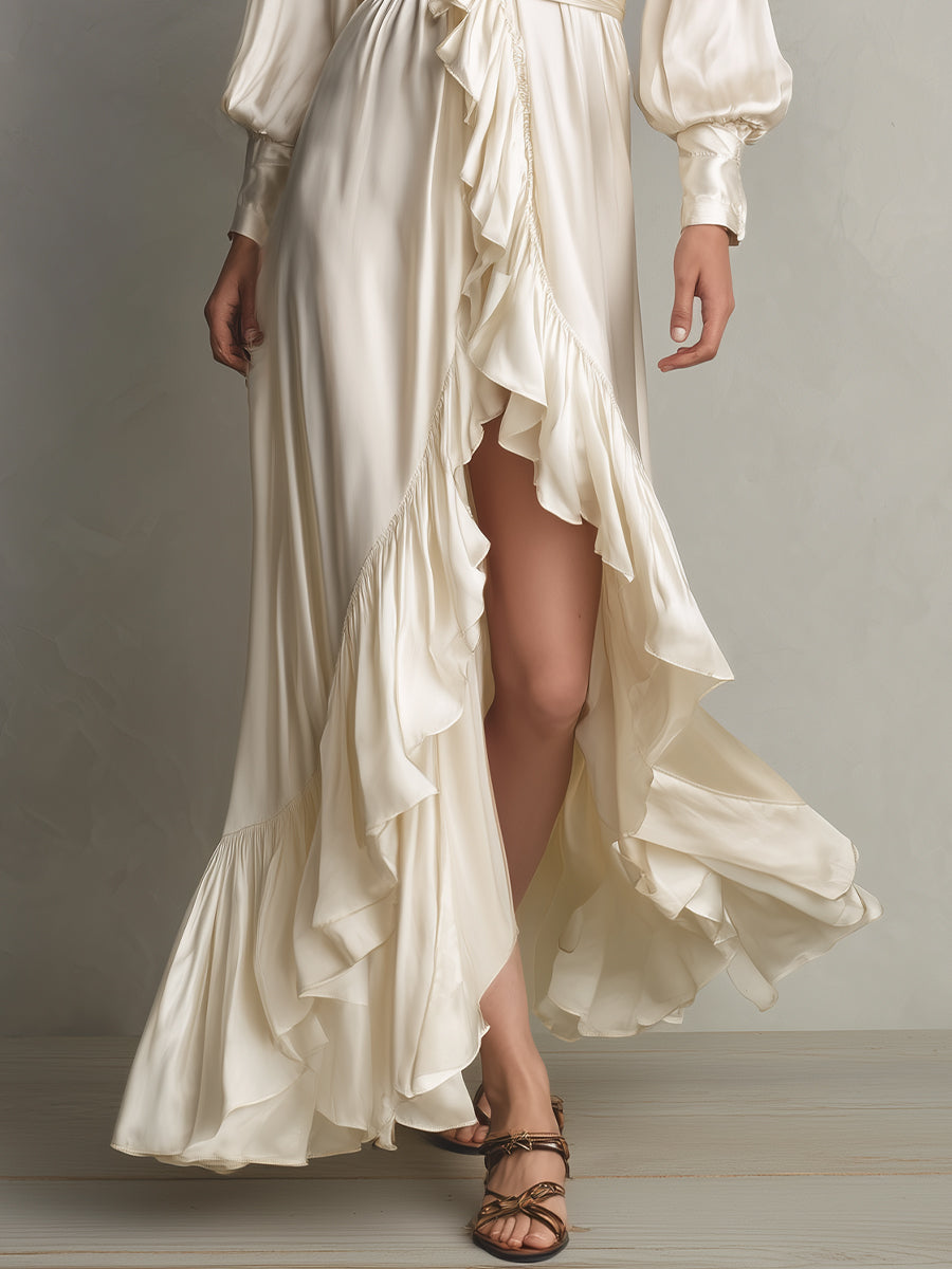 Women's Cream Satin Dress With Ruffled Detail & Puff Sleeves, Timeless Romantic-Luxe Style Dress MDA2909L1I
