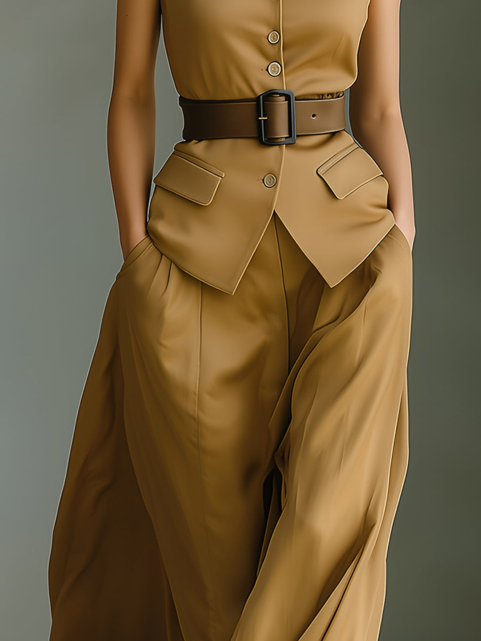 Women's Elegant Brown Satin Sleeveless Vest And Trousers Set (belt Not Included) MDA3137L8AN