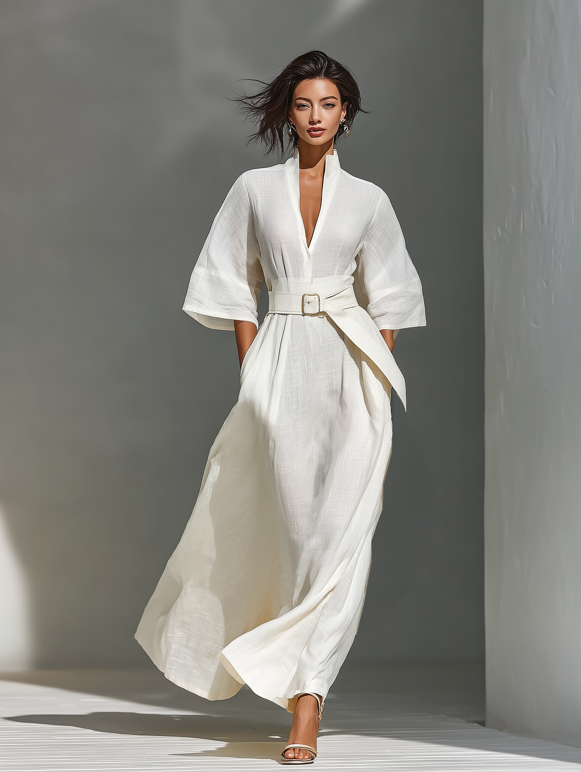 Women's Ivory Linen Fabric Kimono-Sleeve Wrap Maxi Dress With Belt & Pockets MDA3143L9T