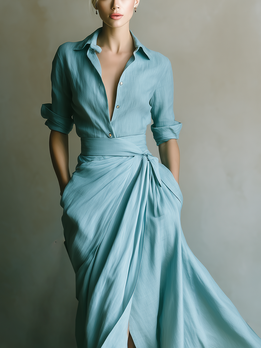 VALENTINA | CONJUNTO TURQUESA DE CAMISA ABOTONADA Y FALDA MAXI CON ABERTURA