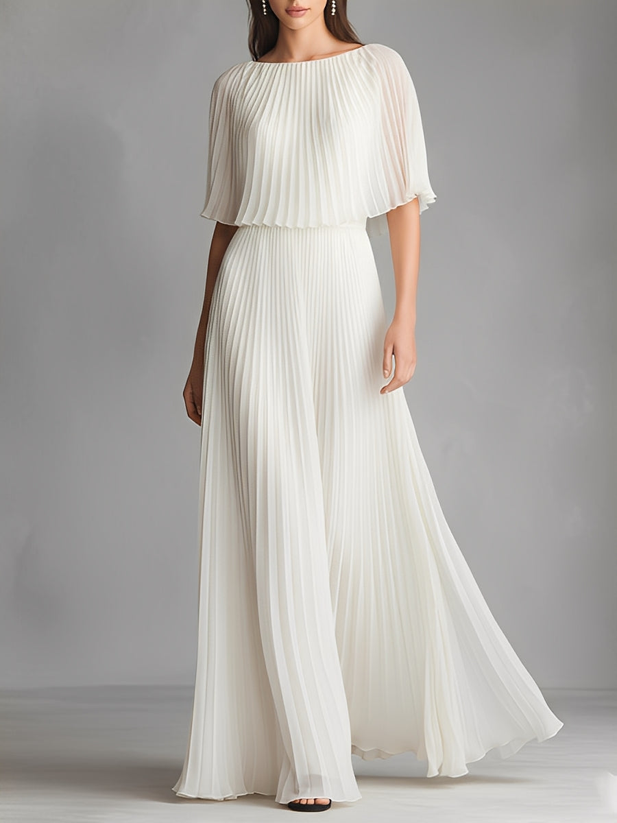 Women's Ivory Pleated Chiffon Maxi Dress With Cape Sleeves & Boat Neck, Timeless Luxe-Elegant Style Dress MDA3199L2I