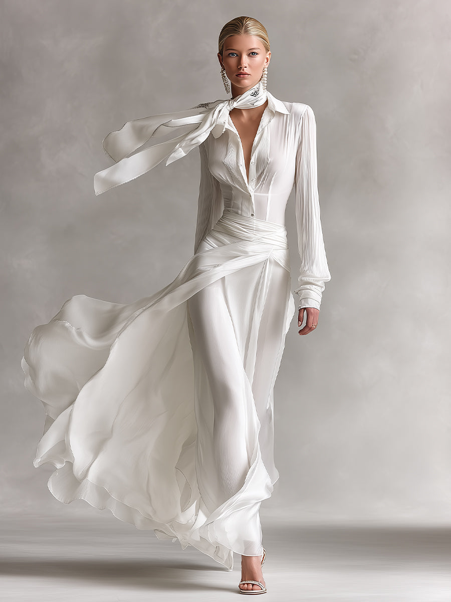 Women's Off-White Maxi Dress With Button-Front & Wrap Waist, Sophisticated Evening-Gala Style Dress MDA3173L6I