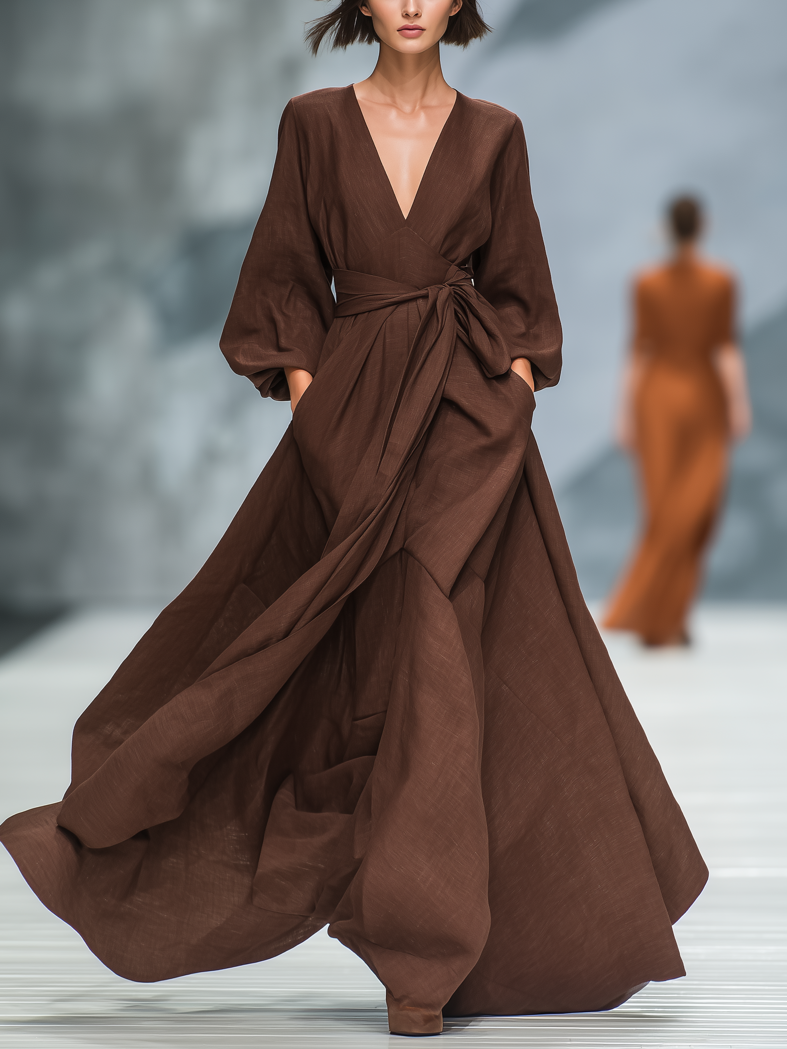 Women's Elegant Dark Brown V-neck Long-sleeved Cotton And Linen Blend Woven Maxi Dress MDA3112L3AN