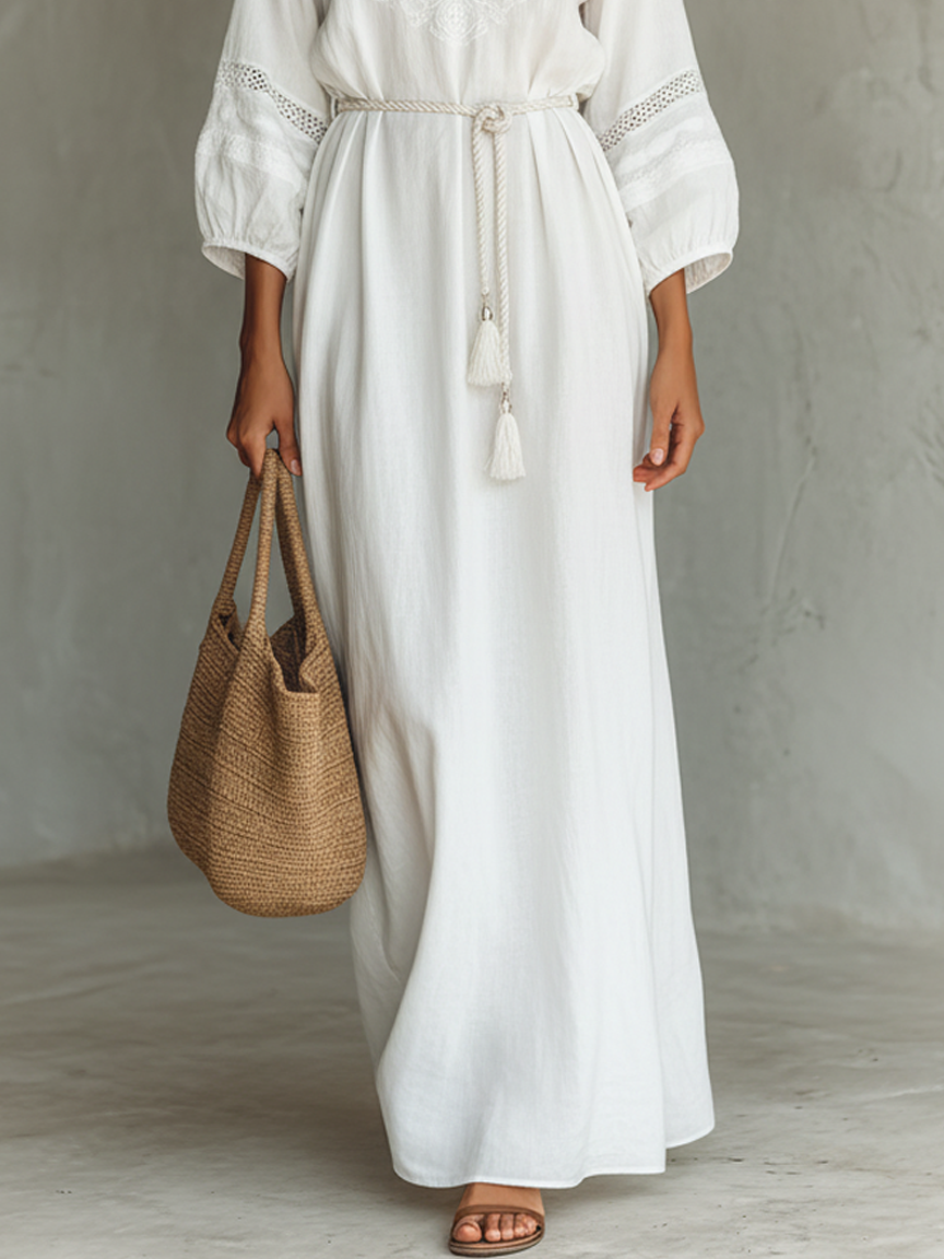 MARÍA | VESTIDO MAXI ELEGANTE DE ALGODÓN CON ENCAJE Y CINTURÓN