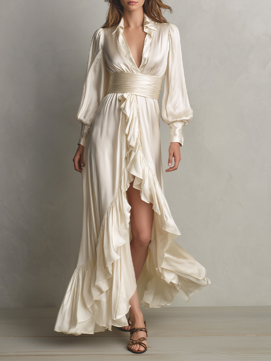 Women's Cream Satin Dress With Ruffled Detail & Puff Sleeves, Timeless Romantic-Luxe Style Dress MDA2909L1I