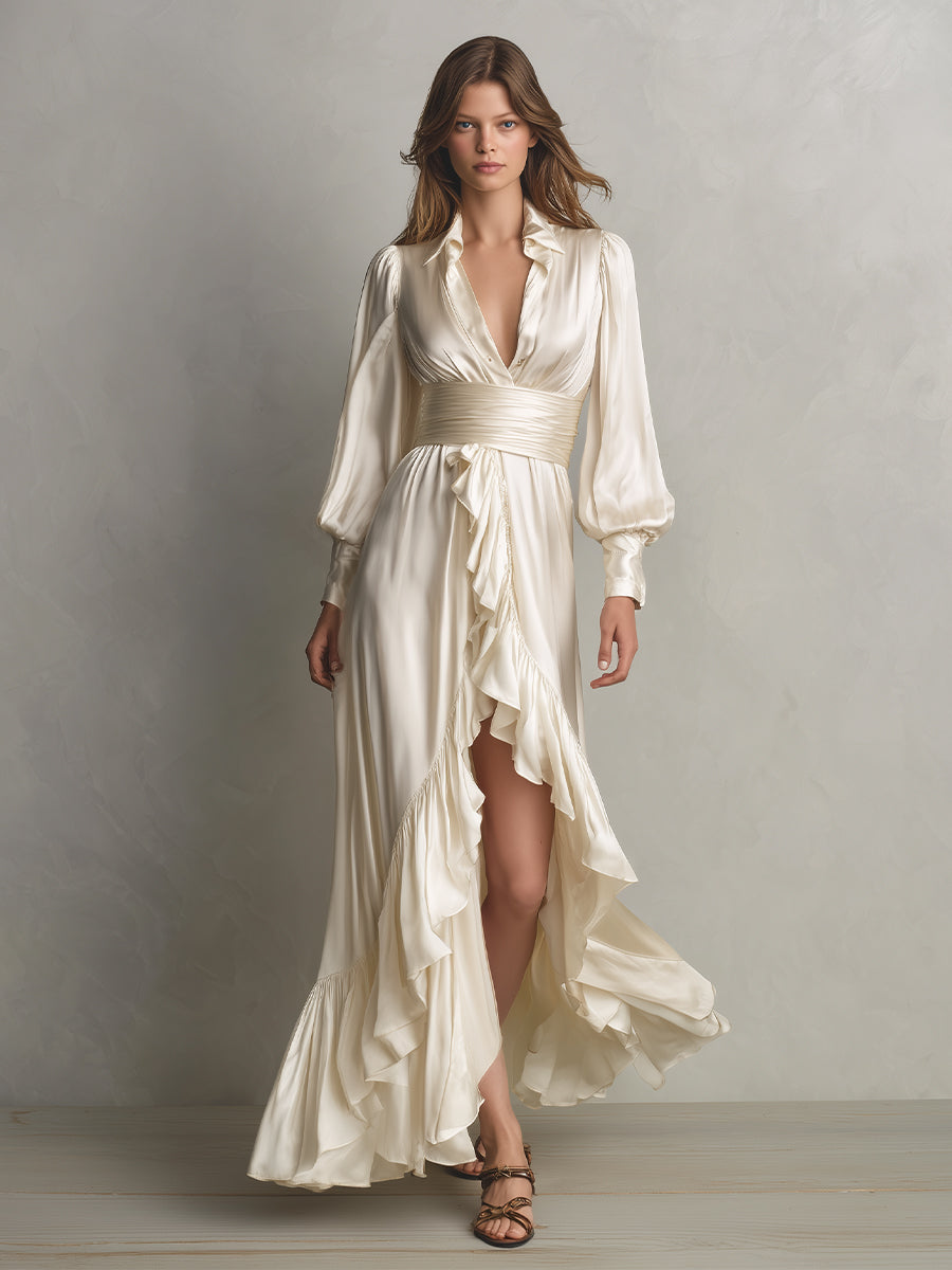 Women's Cream Satin Dress With Ruffled Detail & Puff Sleeves, Timeless Romantic-Luxe Style Dress MDA2909L1I