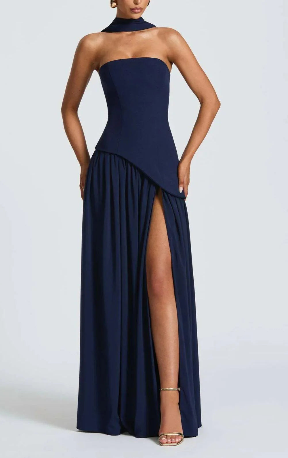VESTIDO MARISA LARGO SIN TIRANTES CON CINTA Y ABERTURA