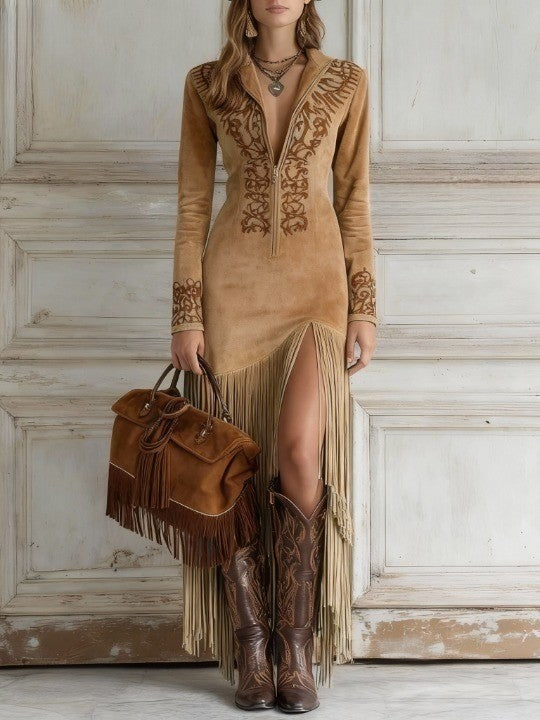 VESTIDO LARGO CON BORDADOS Y FLECOS ENAIDA