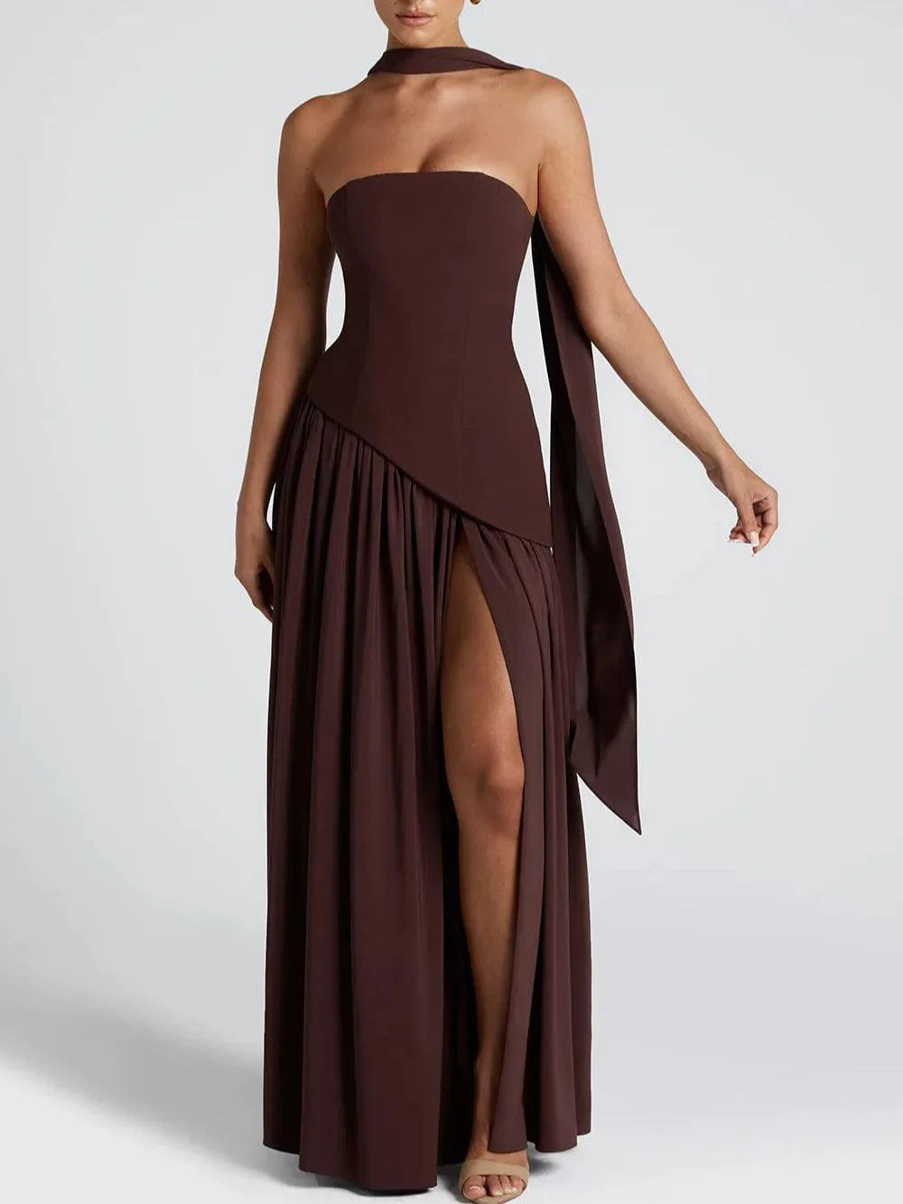 VESTIDO MARISA LARGO SIN TIRANTES CON CINTA Y ABERTURA